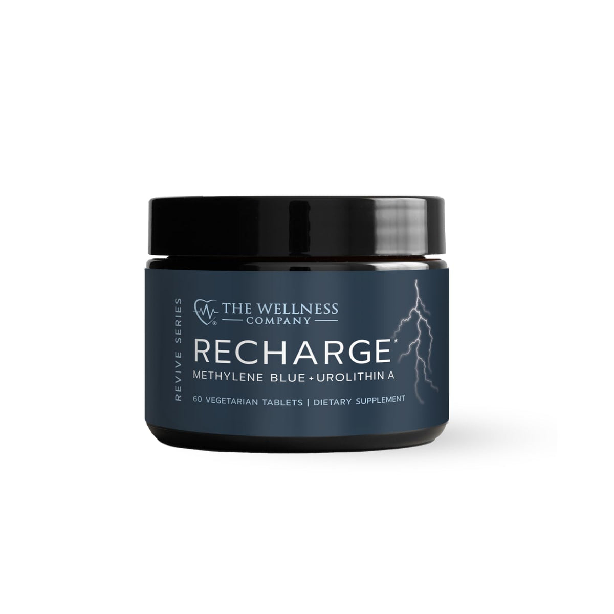 The Wellness Company Recharge bottle front view for cognitive support and energy.