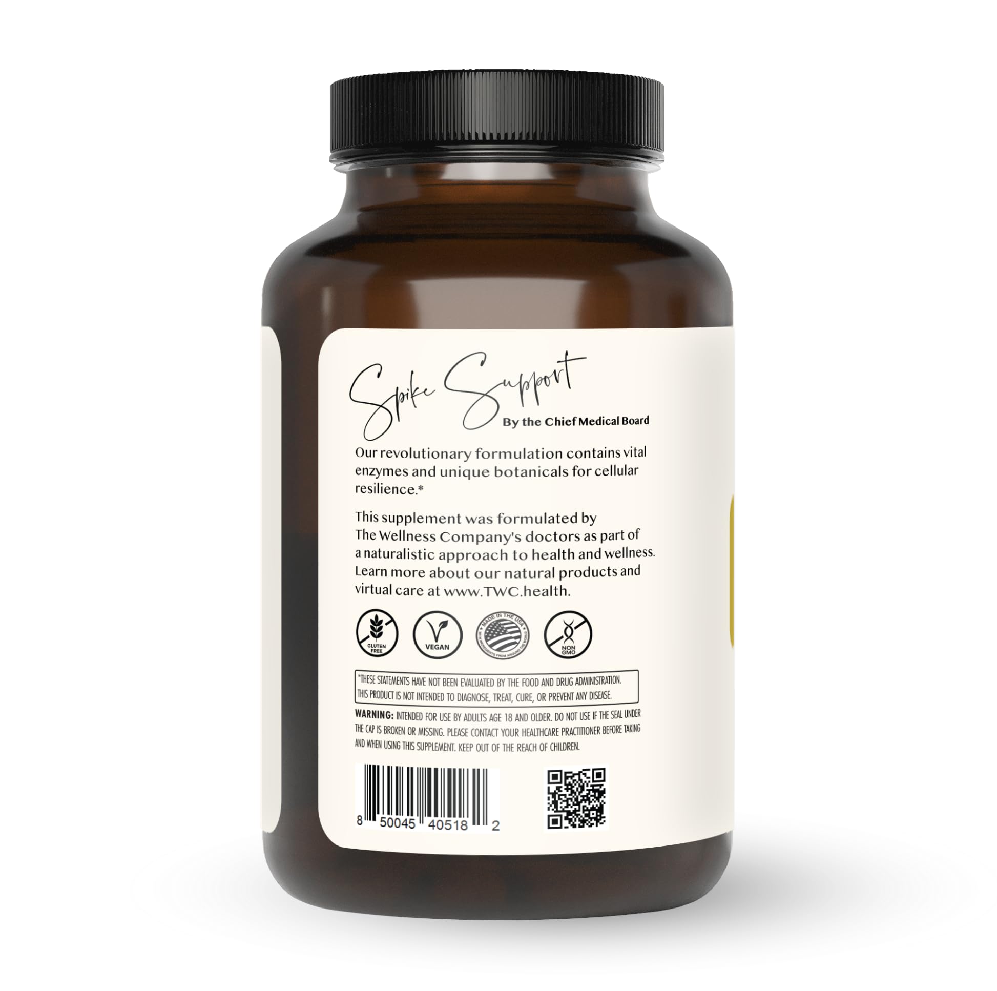 The Wellness Company Spike Support bottle back detailing ingredients.