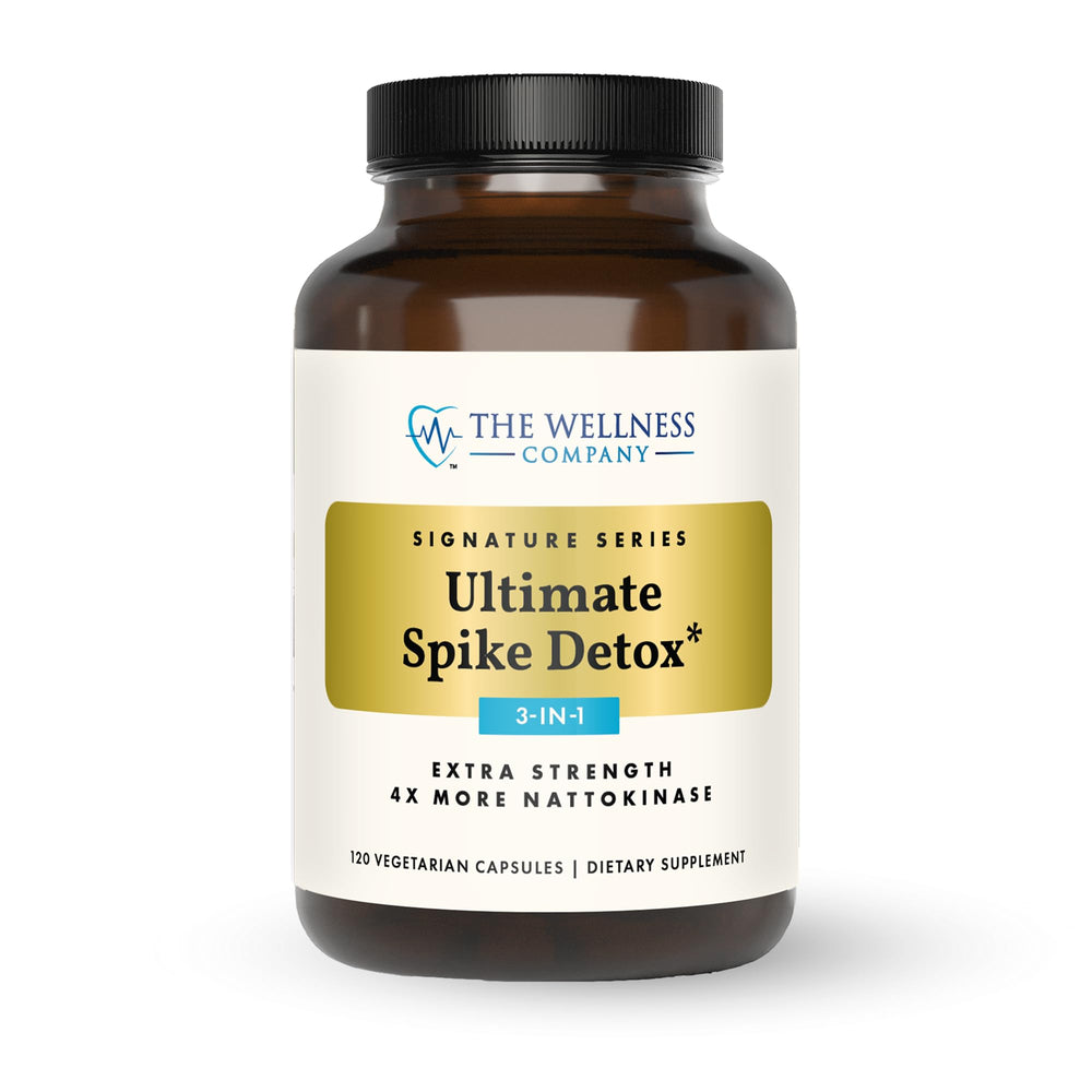 The Wellness Company Ultimate Spike Detox bottle closeup showing clear capsules for daily immune support