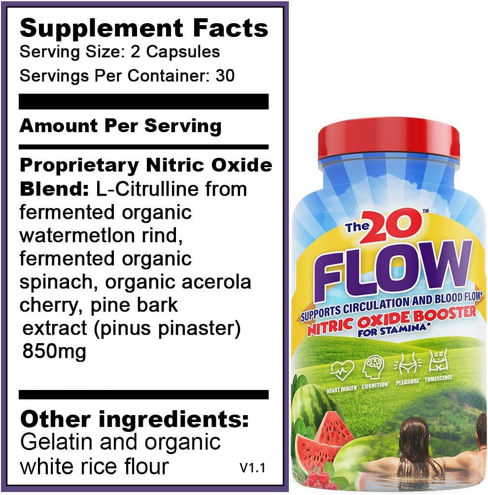 Close-up of The20 Flow ingredients highlighting organic watermelon, spinach, acerola