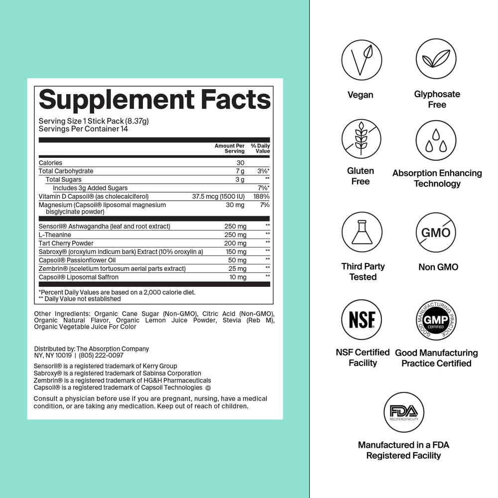 The Absorption Co Calm Drink Mix being poured into a glass with watermelon lemonade flavor.