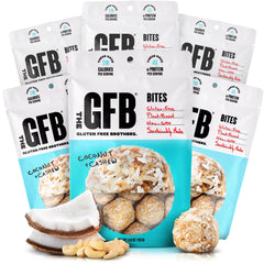 The GFB Coconut Cashew Bites pack front with six 4 oz bags for on-the-go snacking.