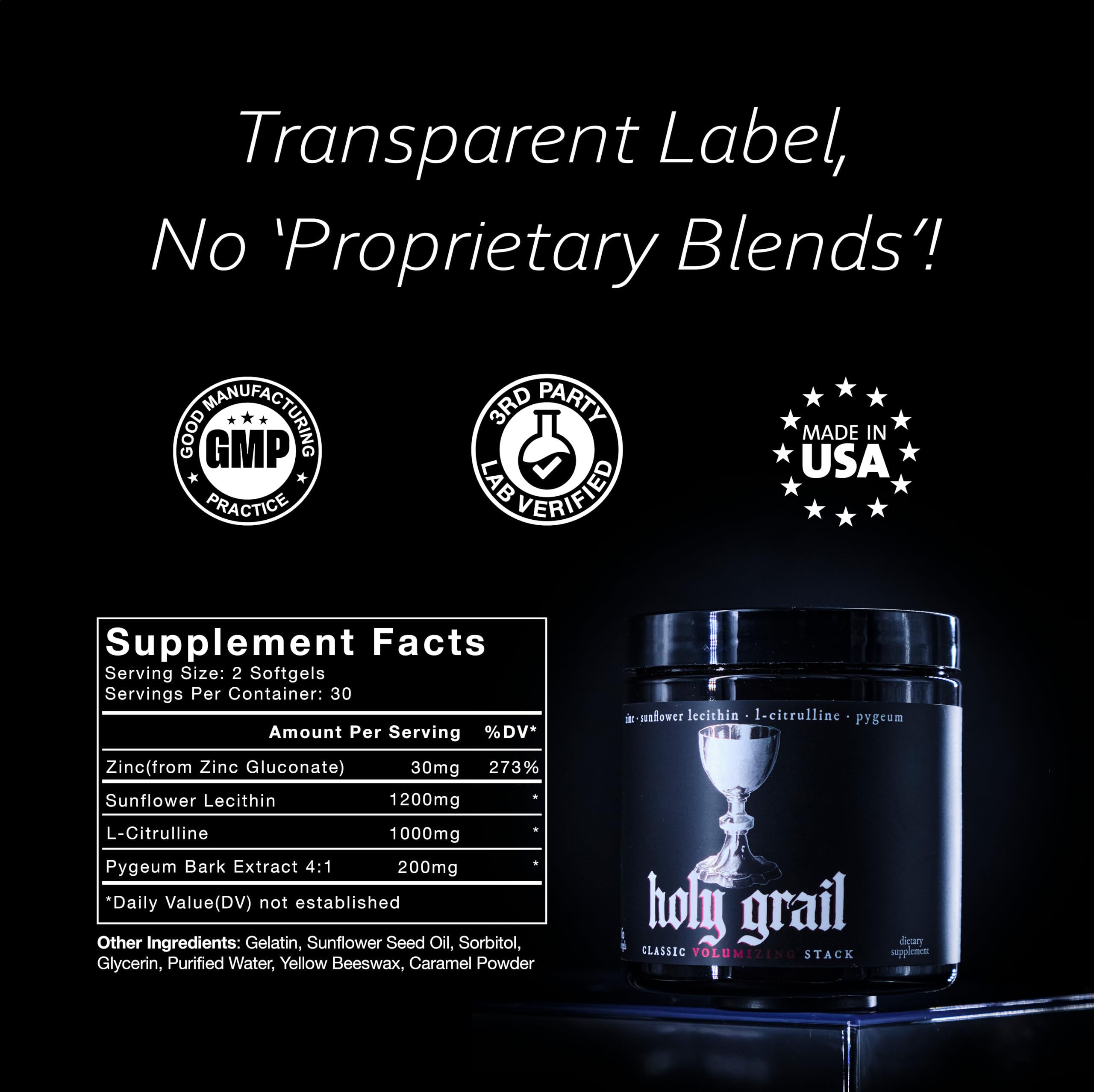 Packaging shows Theorycraft Holy Grail bottle with GMP/NSF quality signals.