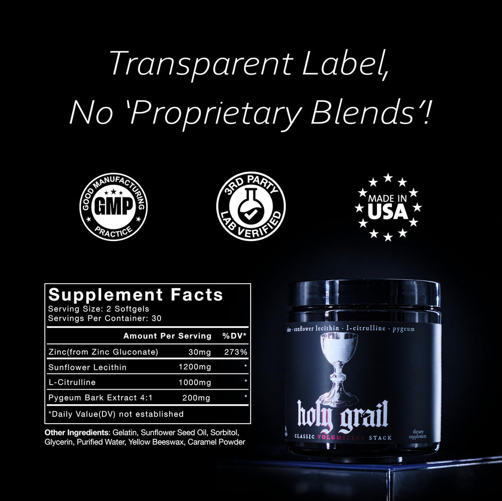 Packaging shows Theorycraft Holy Grail bottle with GMP/NSF quality signals.