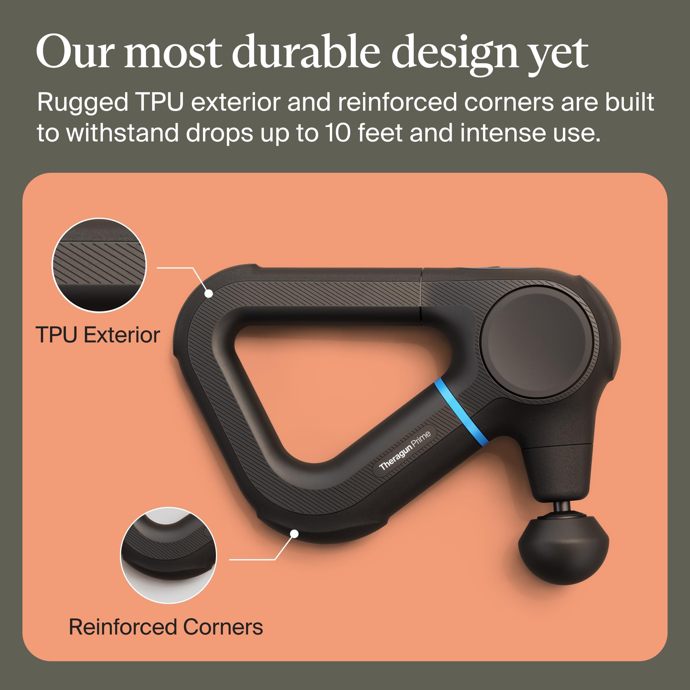 Theragun Prime ergonomic triangle grip for easy access to difficult areas