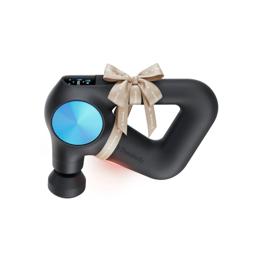 Theragun PRO Plus performing deep tissue massage on tense shoulder muscles