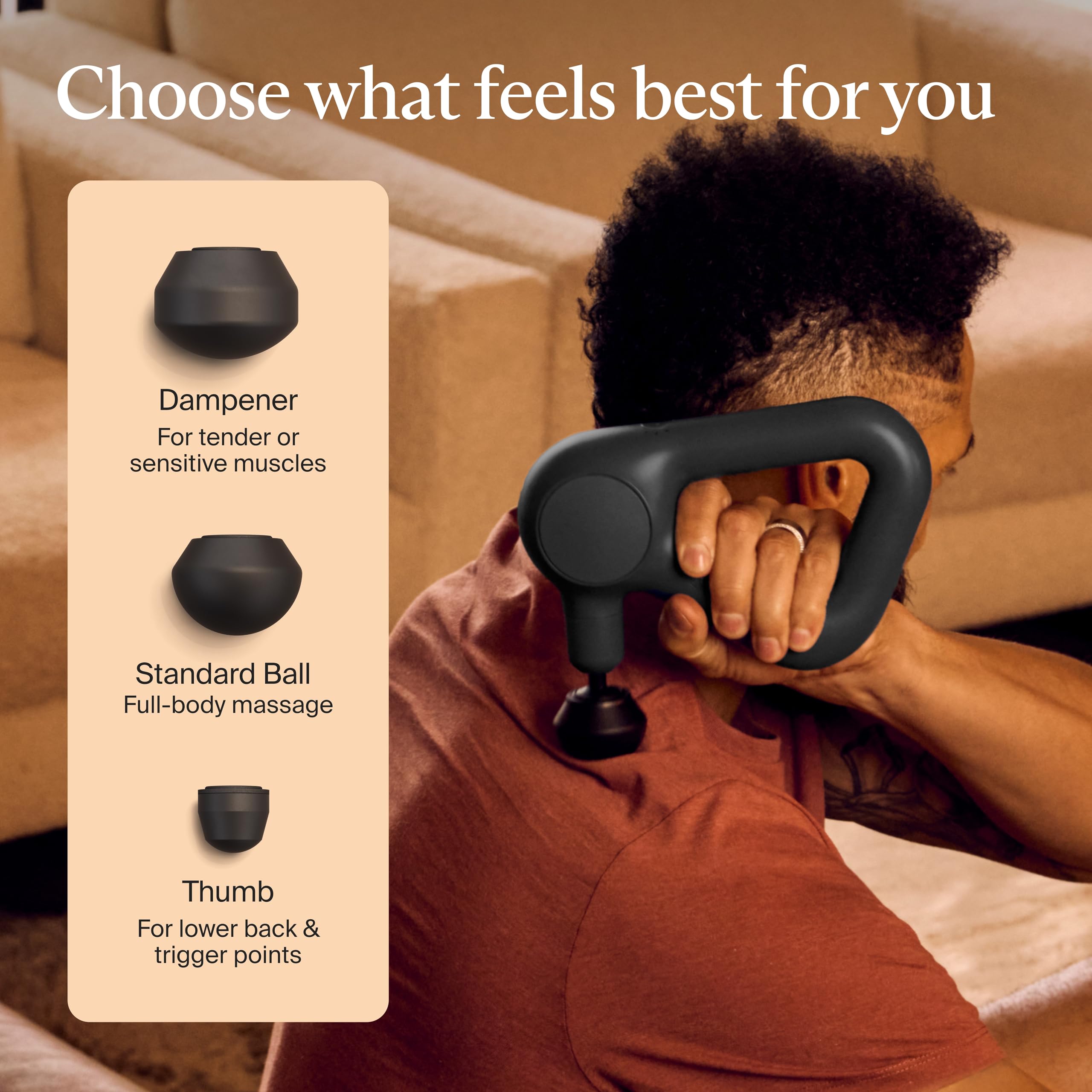 TheraGun Relief standard ball attachment covers broad-body massage.