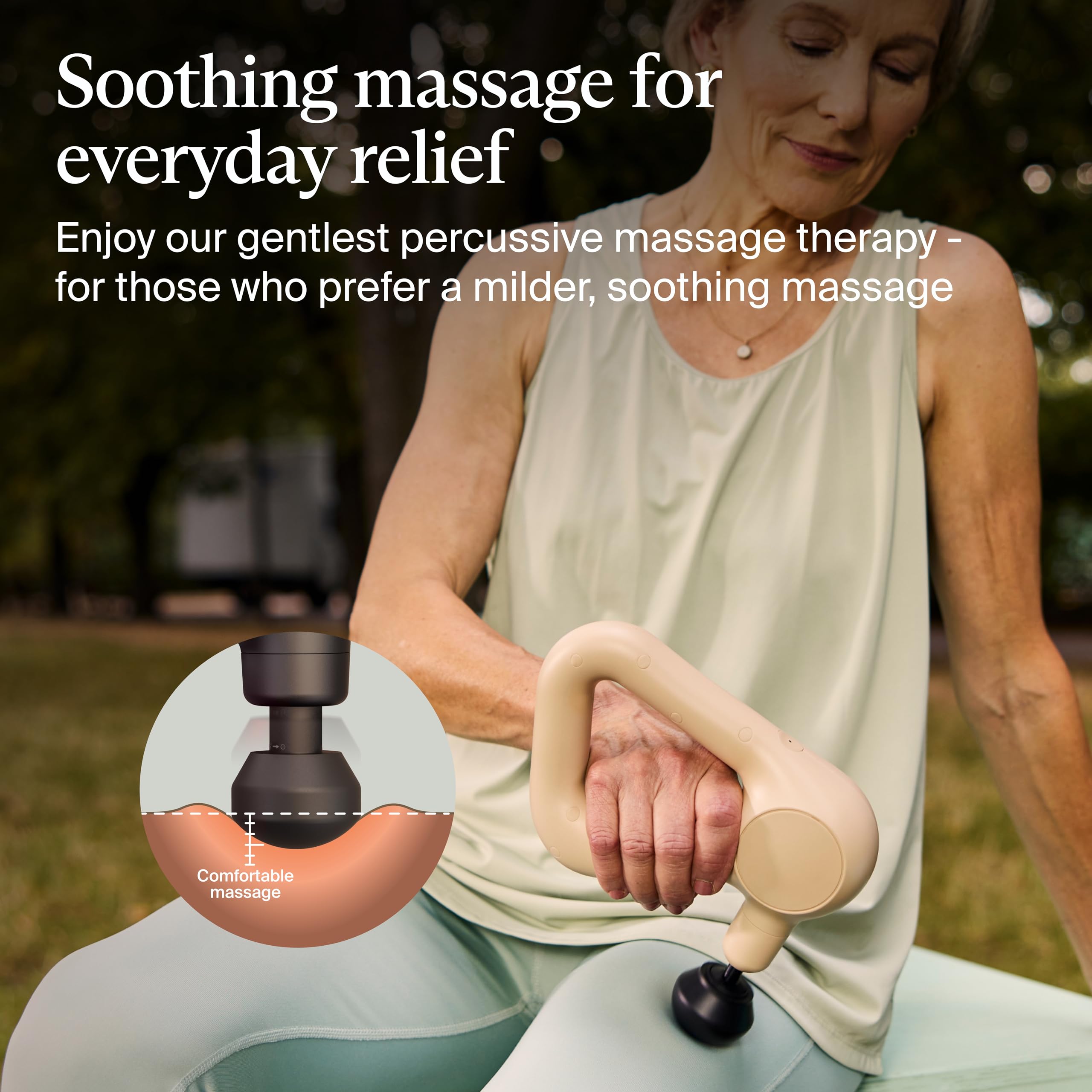 TheraGun Relief ergonomic-grip design supports comfortable use on neck and back.