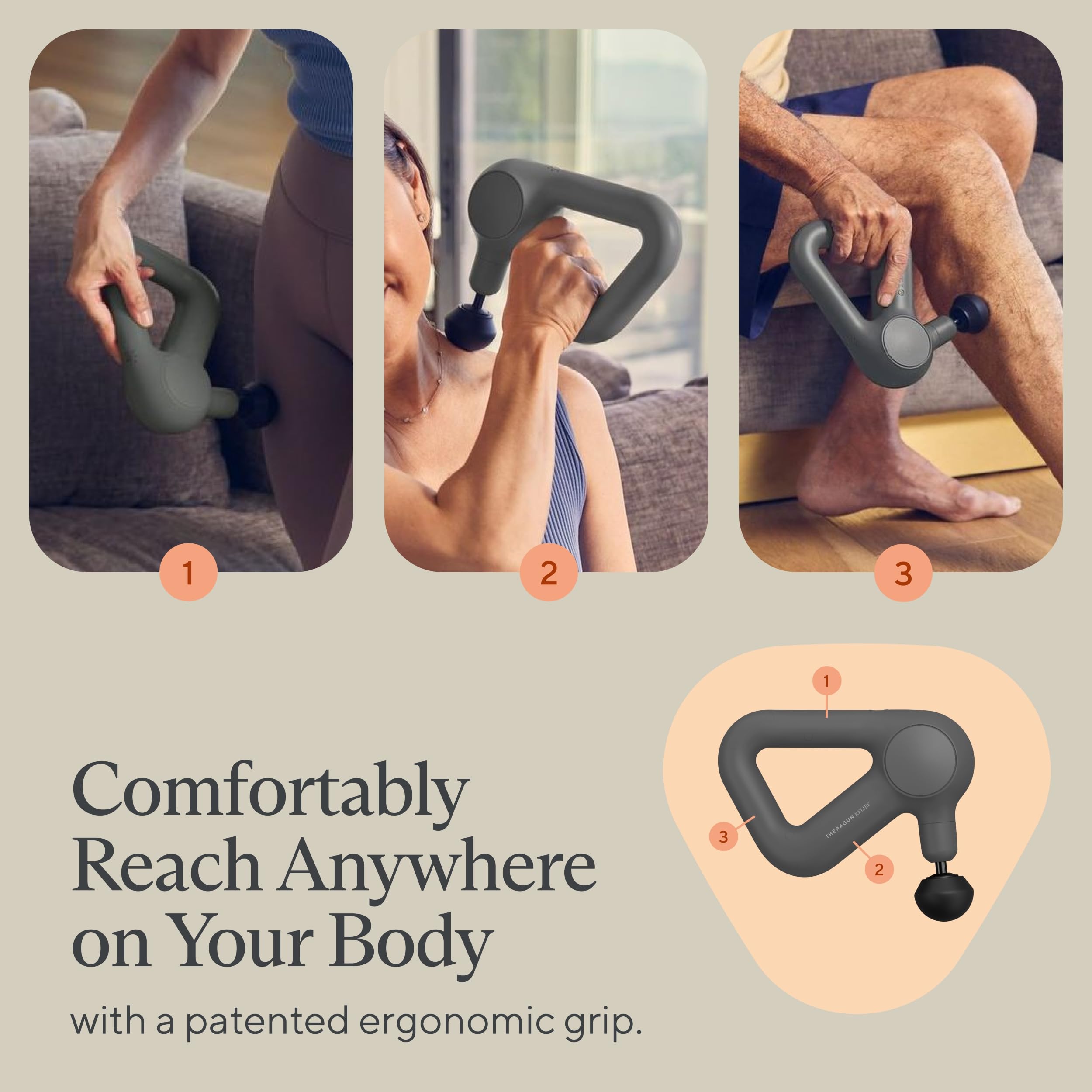 TheraGun Relief gray in use showing all over body massage capabilities
