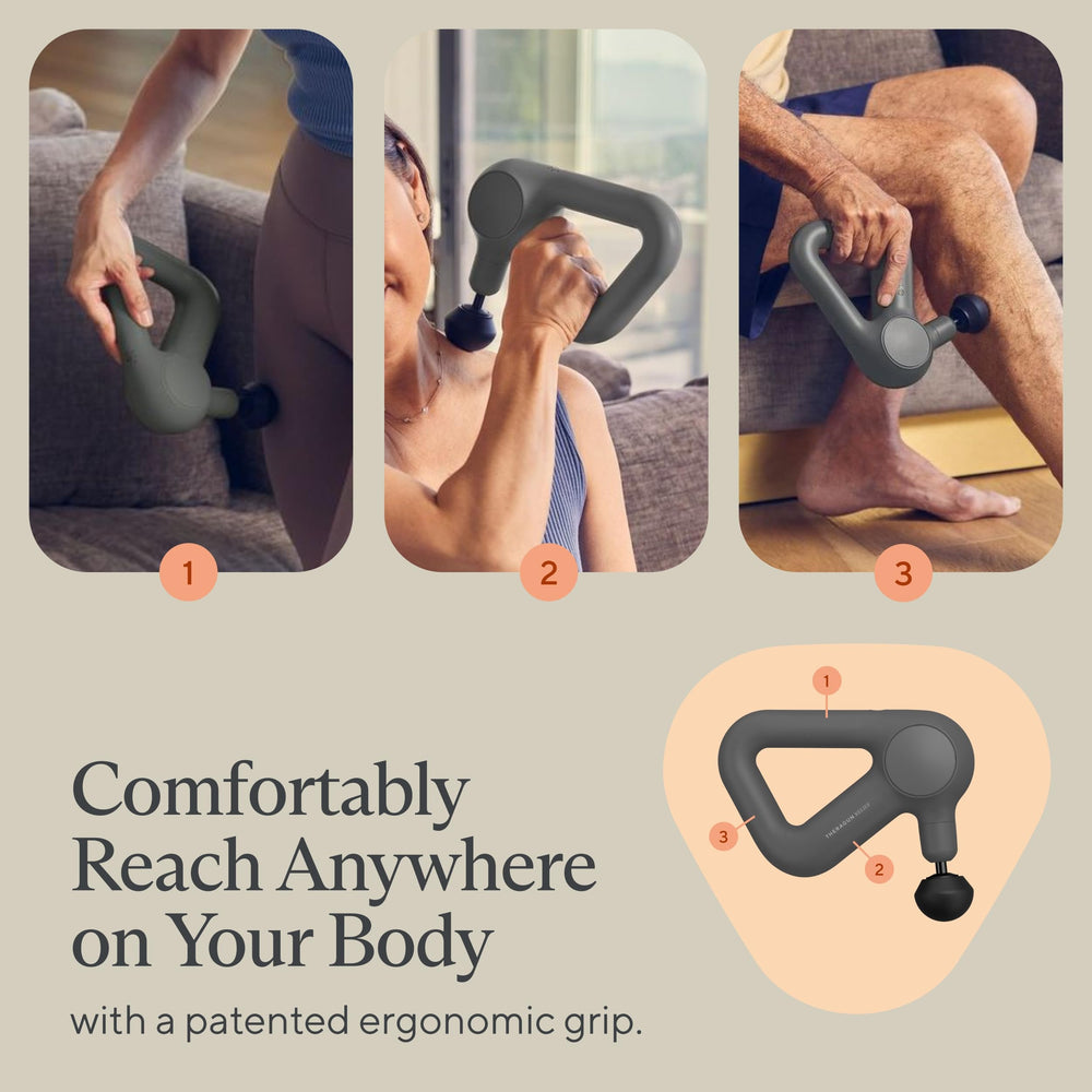 TheraGun Relief gray in use showing all over body massage capabilities