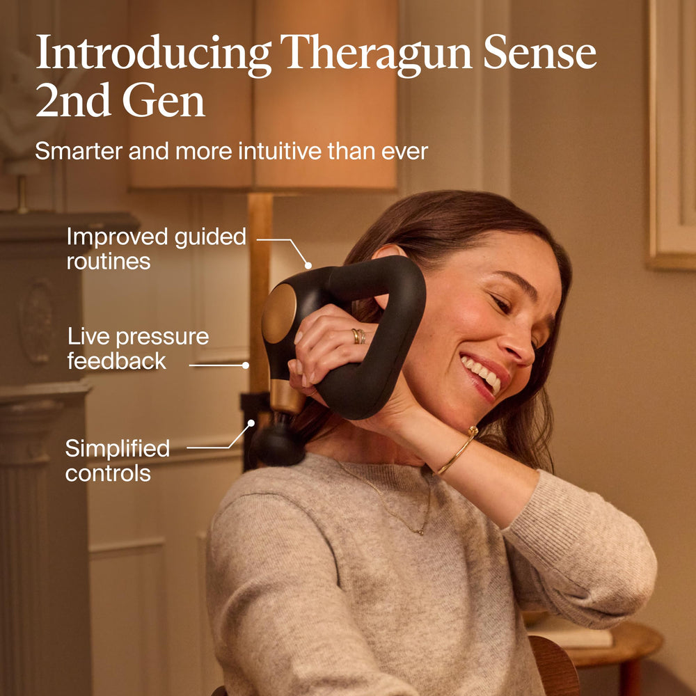 TheraGun Sense LED screen demonstrates live pressure guidance for precise sessions.
