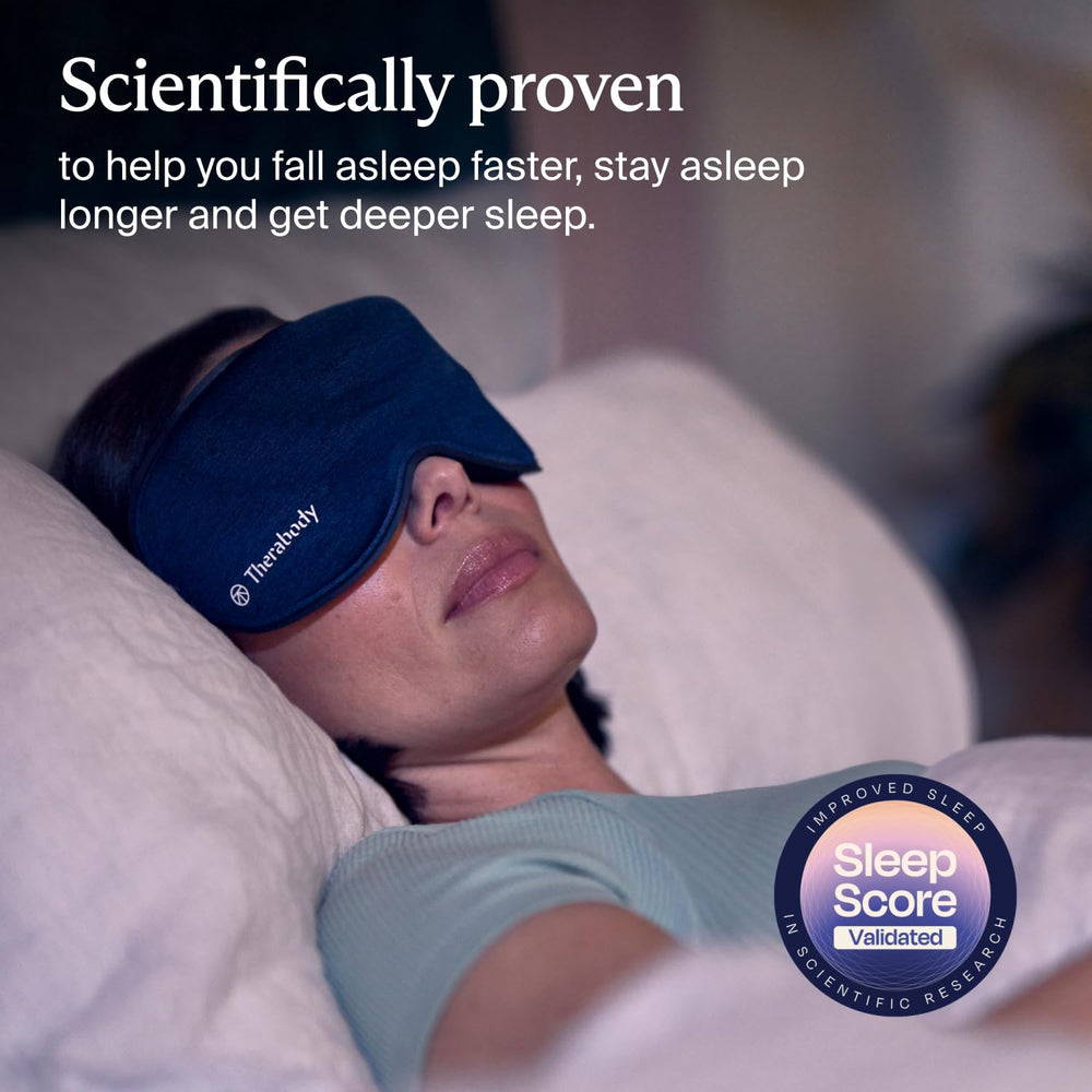 TheraGun Sleep Mask 100% blackout on face for complete darkness.