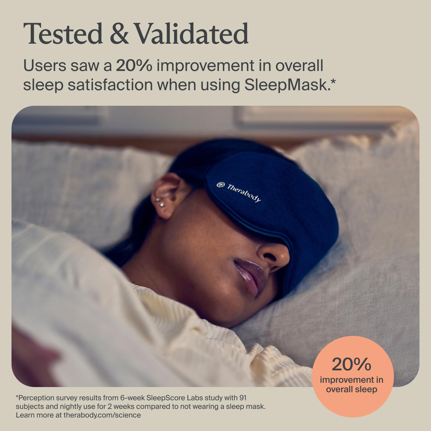 TheraGun Sleep Mask vibration controls show three gentle patterns.