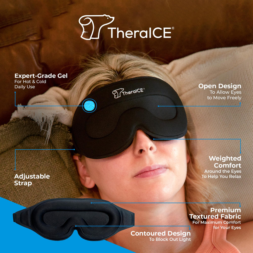 TheraICE Sleep Mask 3D contoured eye cover blocks light for immersive blackout sleep.
