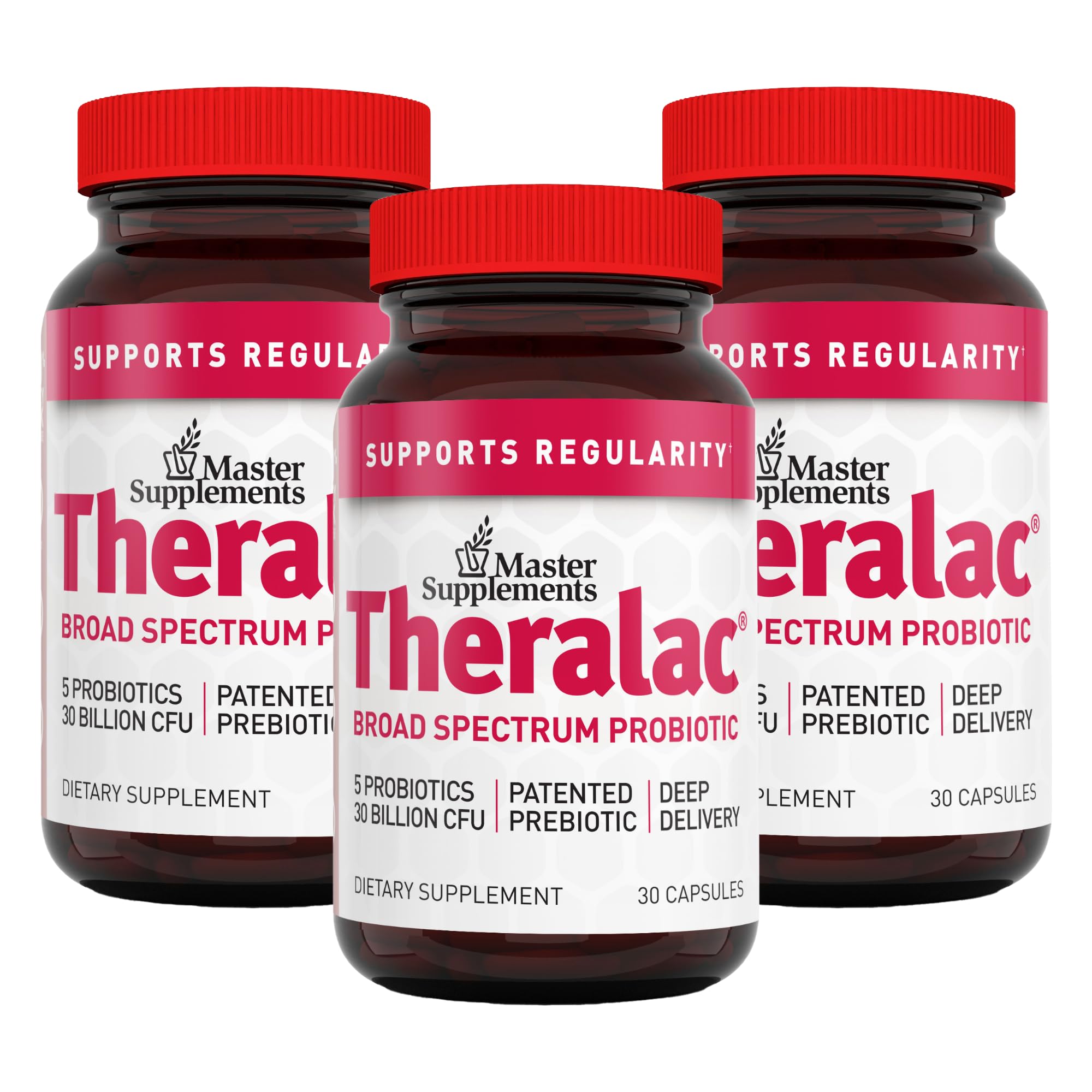 Theralac probiotic bottle front showing multi-strain gut balance capability.