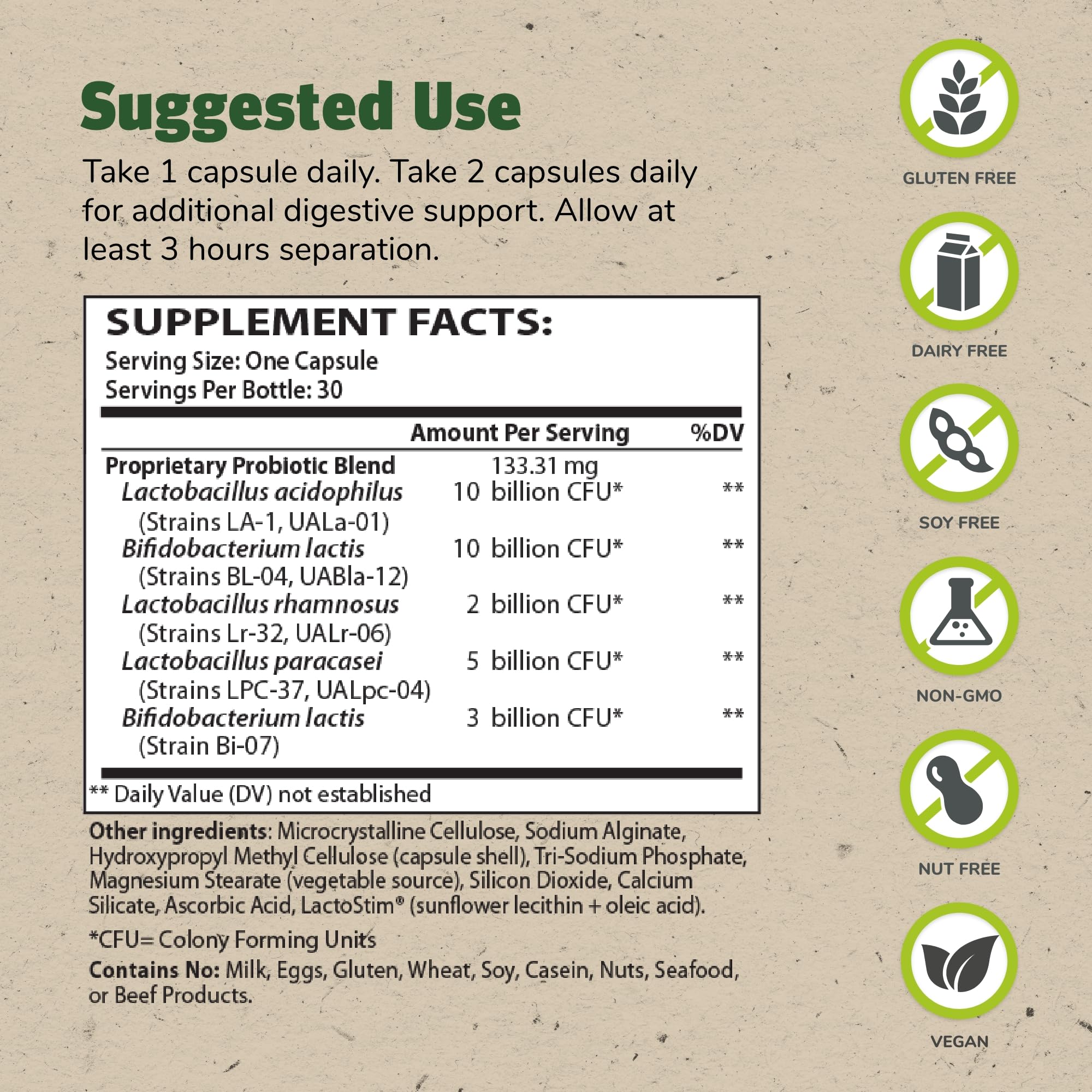 Theralac Master Supplements bottle back shows dosage and gluten-free labeling for easy reference.