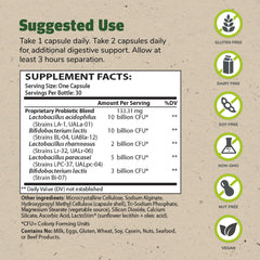 Theralac Master Supplements bottle back shows dosage and gluten-free labeling for easy reference.
