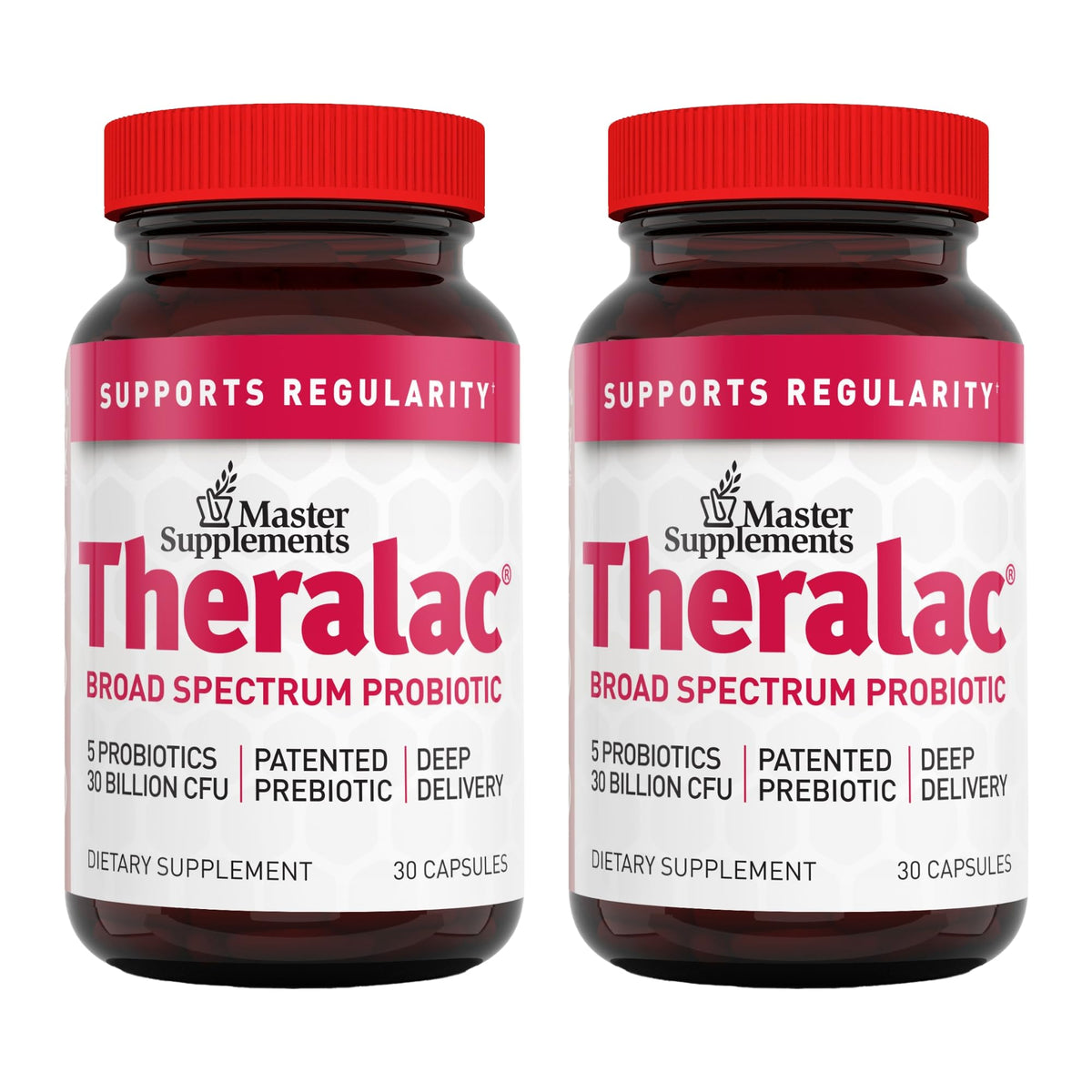 Theralac Master Supplements bottle front promotes probiotic balance for daily gut support.