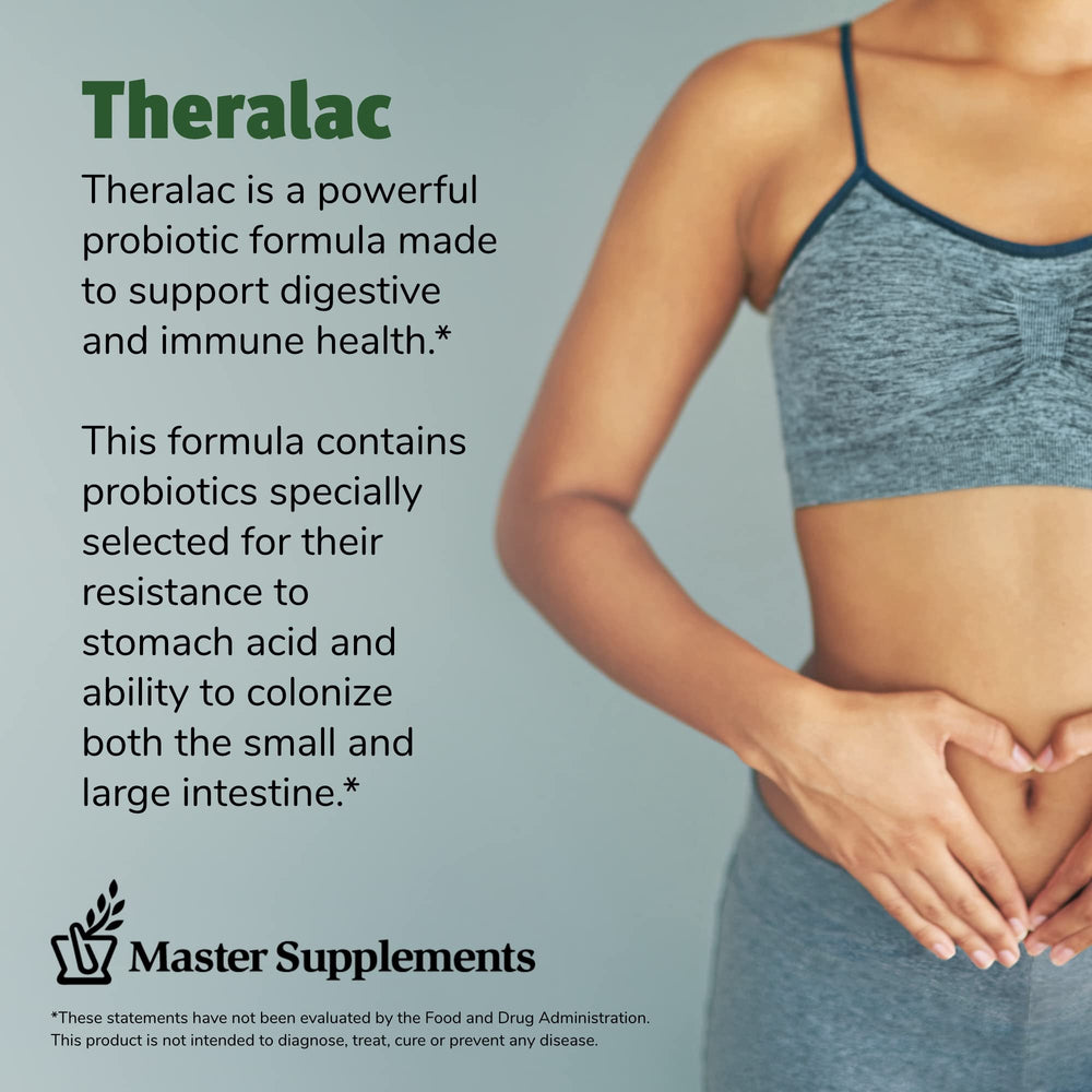 Theralac probiotic capsules closeup highlights pill texture and compact daily dose.