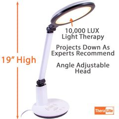 Theralite Halo lamp shows wireless charging and USB port for convenient desk setup.