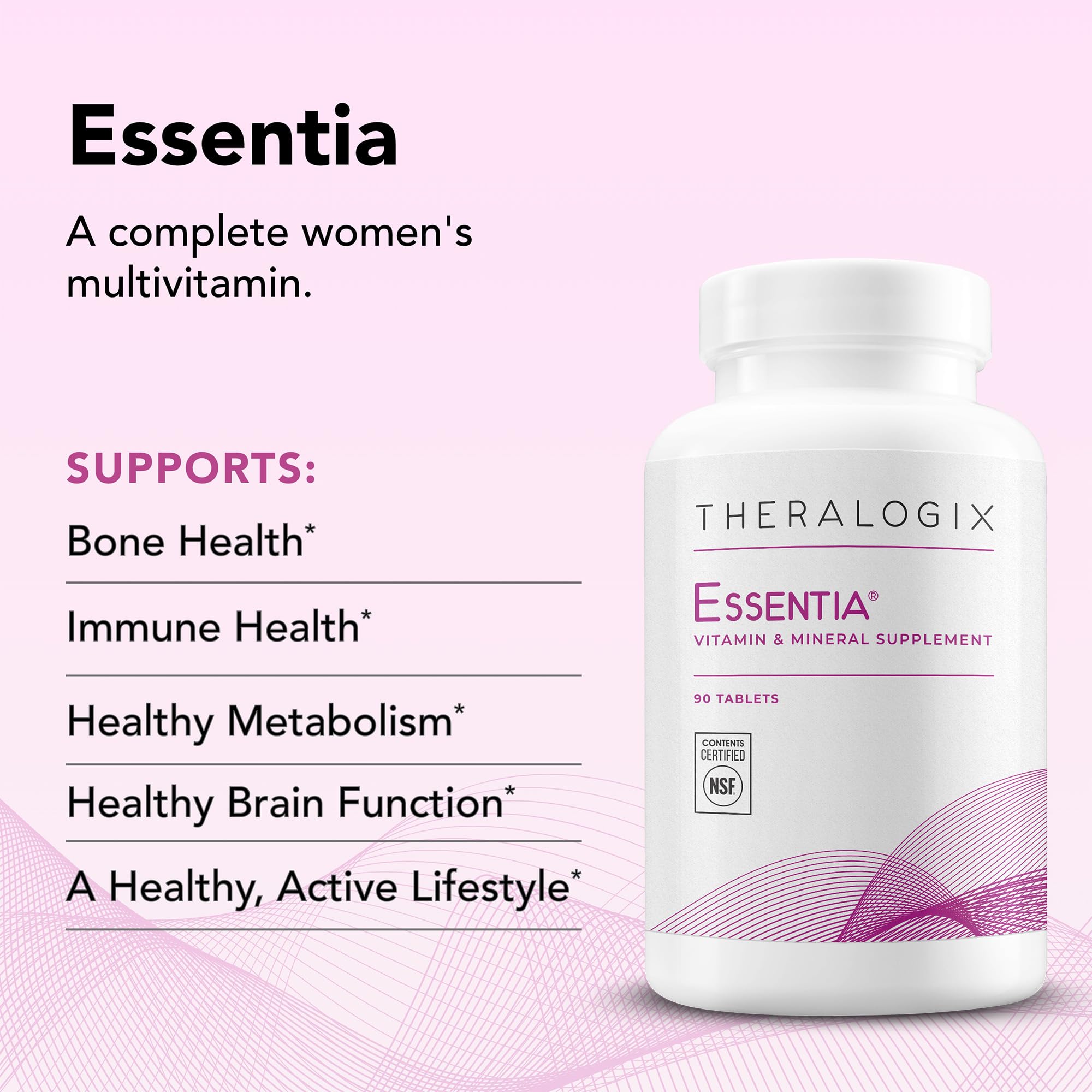 Theralogix Essentia Women bottle back, nutrition facts and key ingredients.
