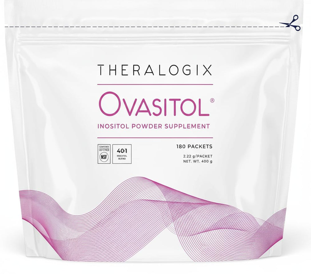 Theralogix Ovasitol bottle pour showing easy daily use for hormone support