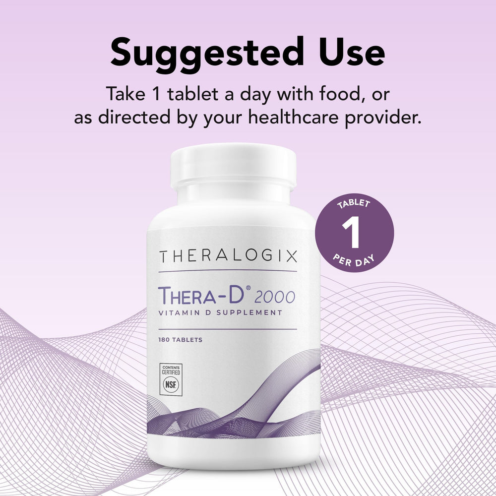 Theralogix Thera-D 2000 bottle open showing tablets, gluten-free and vegan formulation