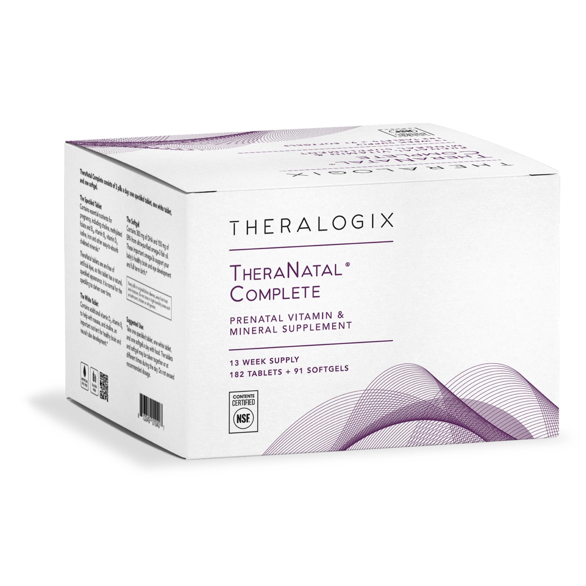 Theralogix TheraNatal complete bottle front showing all-in-one prenatal vitamins for daily support.