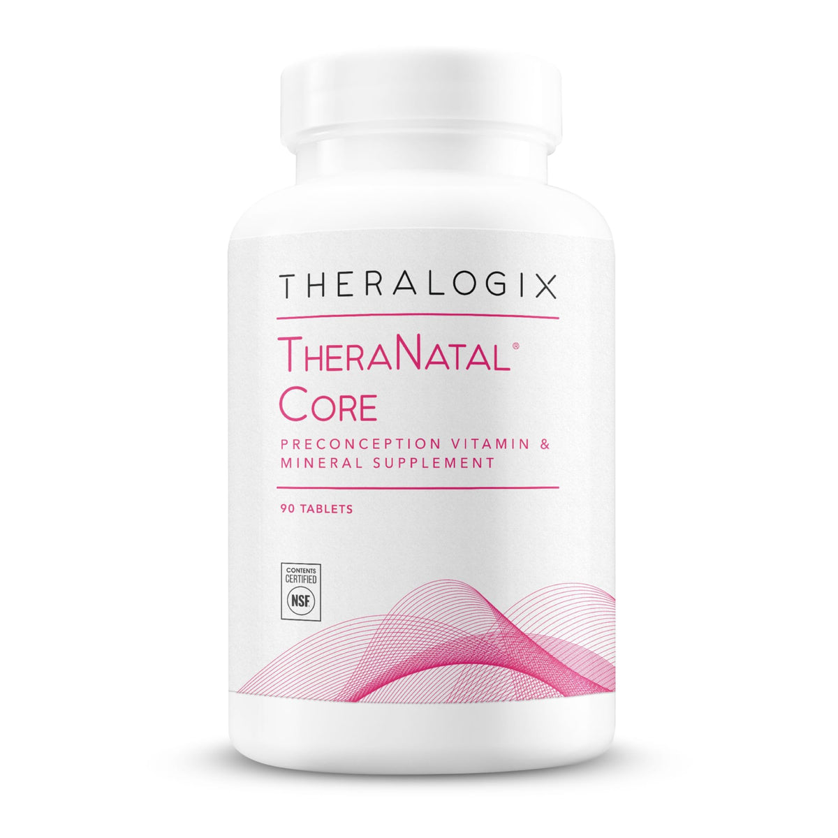 Theralogix TheraNatal Core bottle front showing preconception support and NSF certification