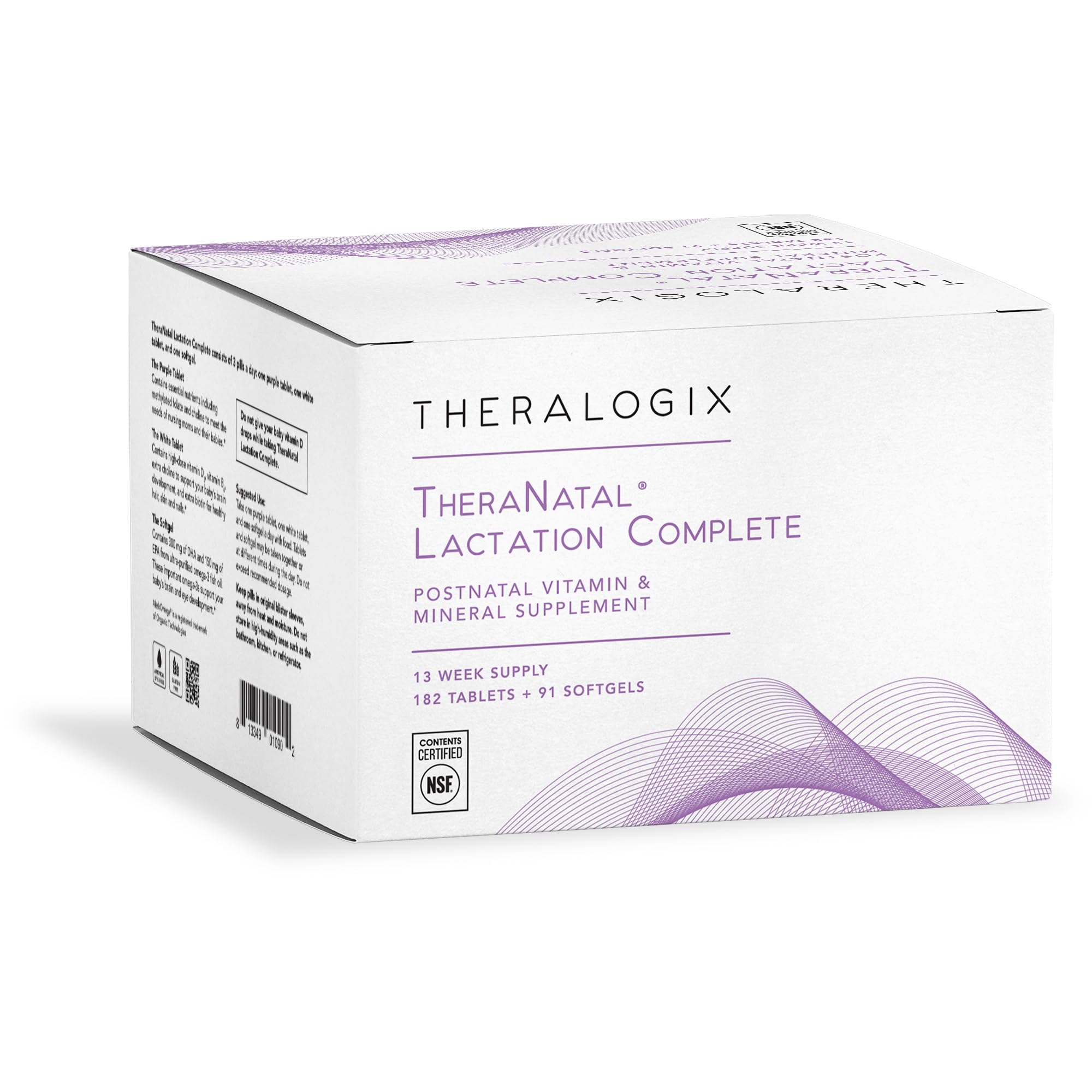 Theralogix TheraNatal lactation tablets bottle highlighting complete postnatal nutrients for breastfeeding support