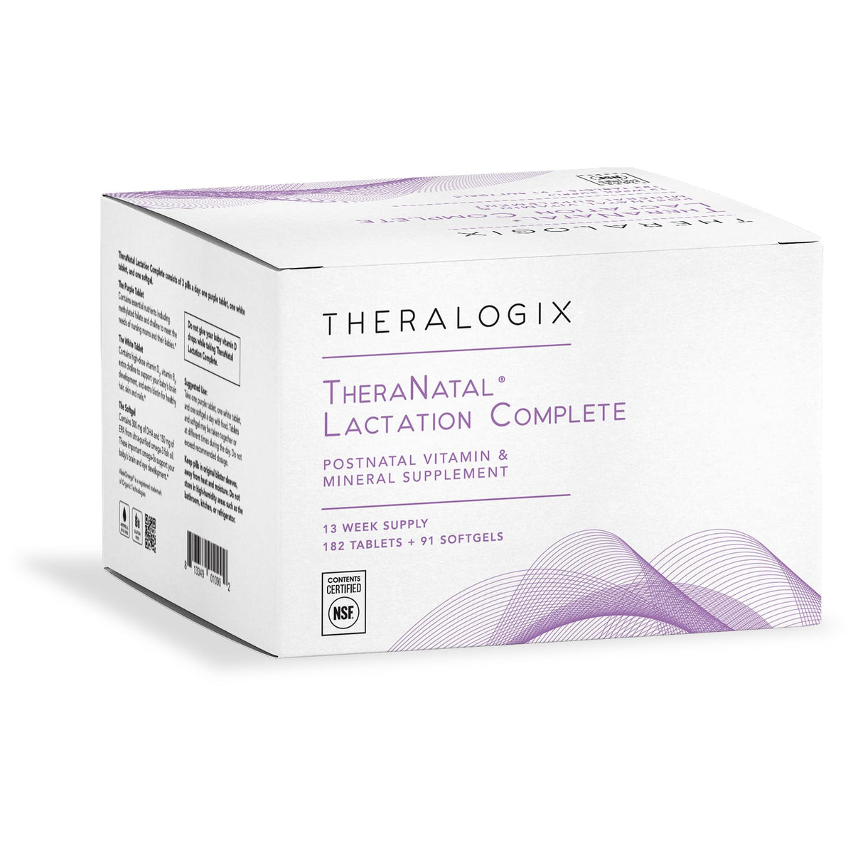 Theralogix TheraNatal lactation tablets bottle highlighting complete postnatal nutrients for breastfeeding support