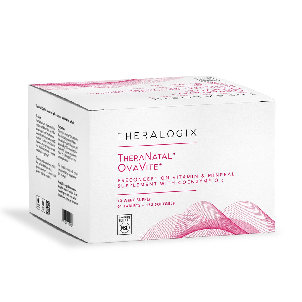 Theralogix TheraNatal OvaVite bottle showing essential preconception vitamins for daily use