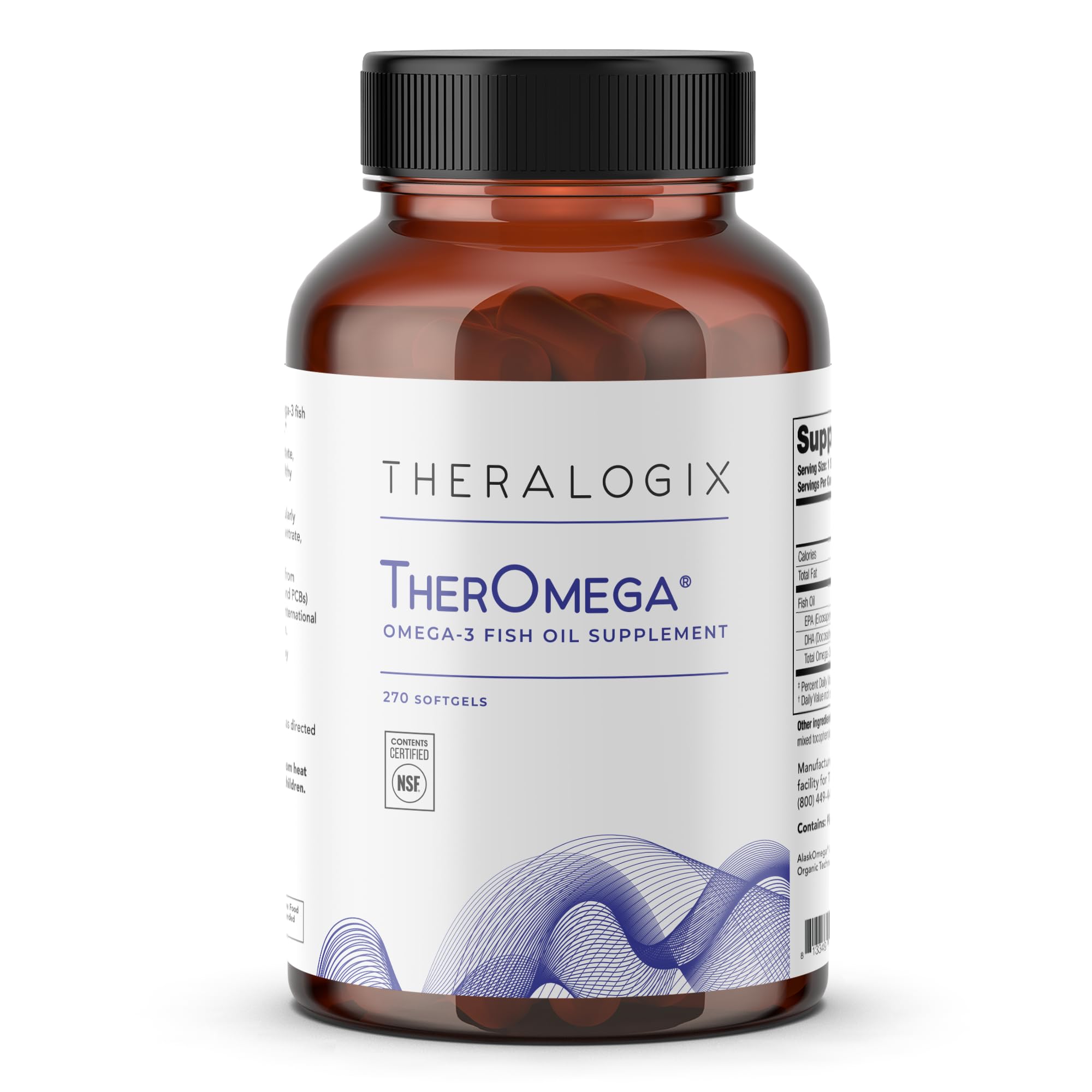 Theralogix TherOmega bottle with NSF seal signals premium omega-3 for heart support