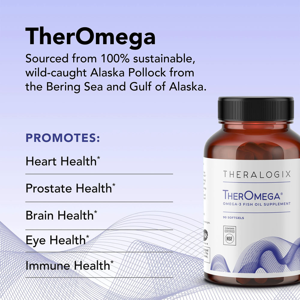 Close-up of TherOmega softgel highlighting DHA and EPA content for brain and heart wellness.