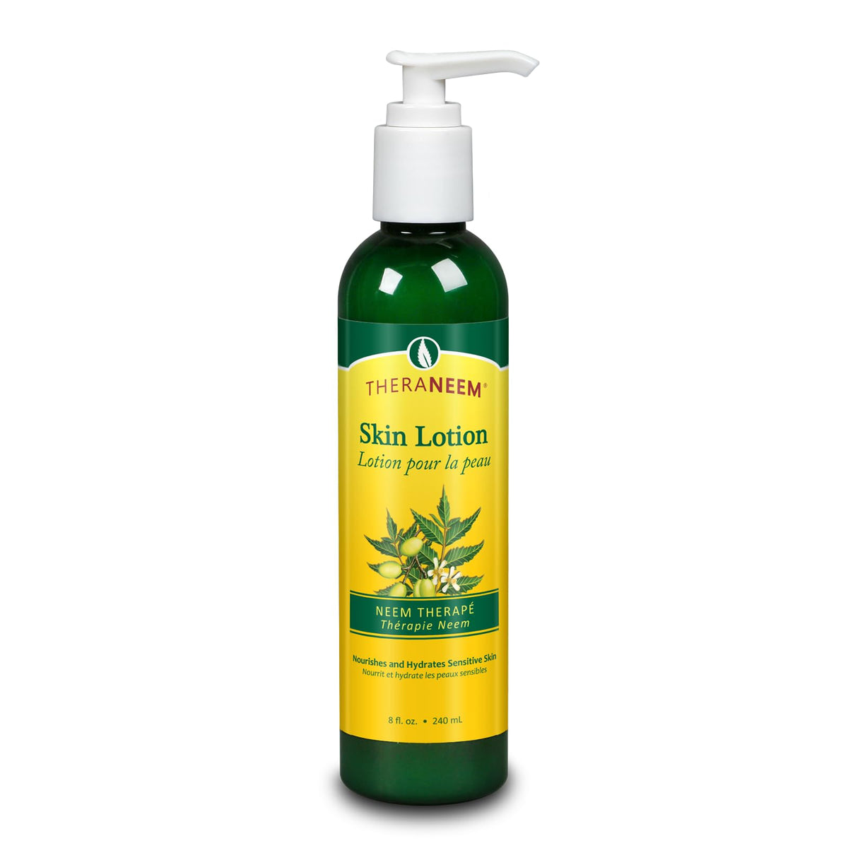 TheraNeem Neem Therapé Skin Lotion bottle shows soothing hydration for dry skin.