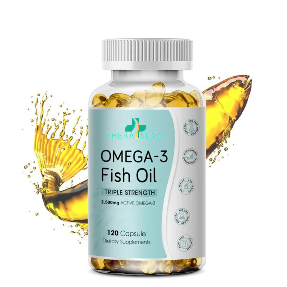TheraSuva triple-strength omega-3 bottle pour demonstrates potency for daily use and heart support
