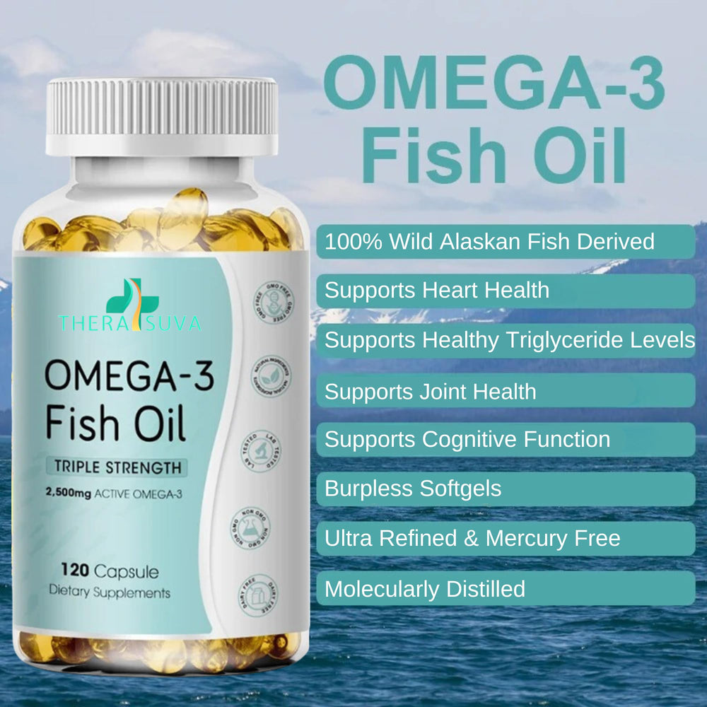 TheraSuva triple-strength omega-3 softgels closeup shows easy-to-swallow capsules for routine