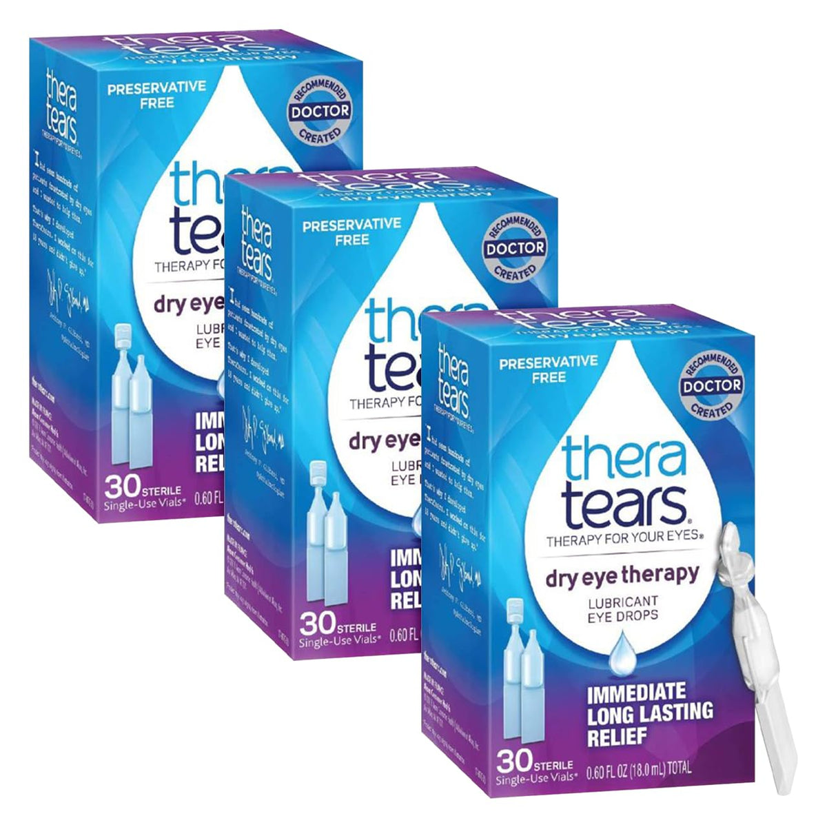 TheraTears Dry Eye Therapy single-use vials provide portable, convenient relief.