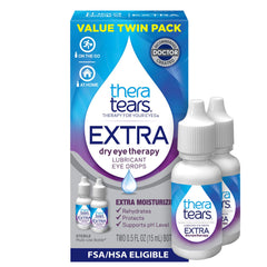 TheraTears Extra Dry Eye Drops bottle pour showcasing quick hydration and lasting comfort