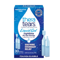 TheraTears Nighttime Liquid Gel Eye Drops in a vial provide soothing overnight hydration.