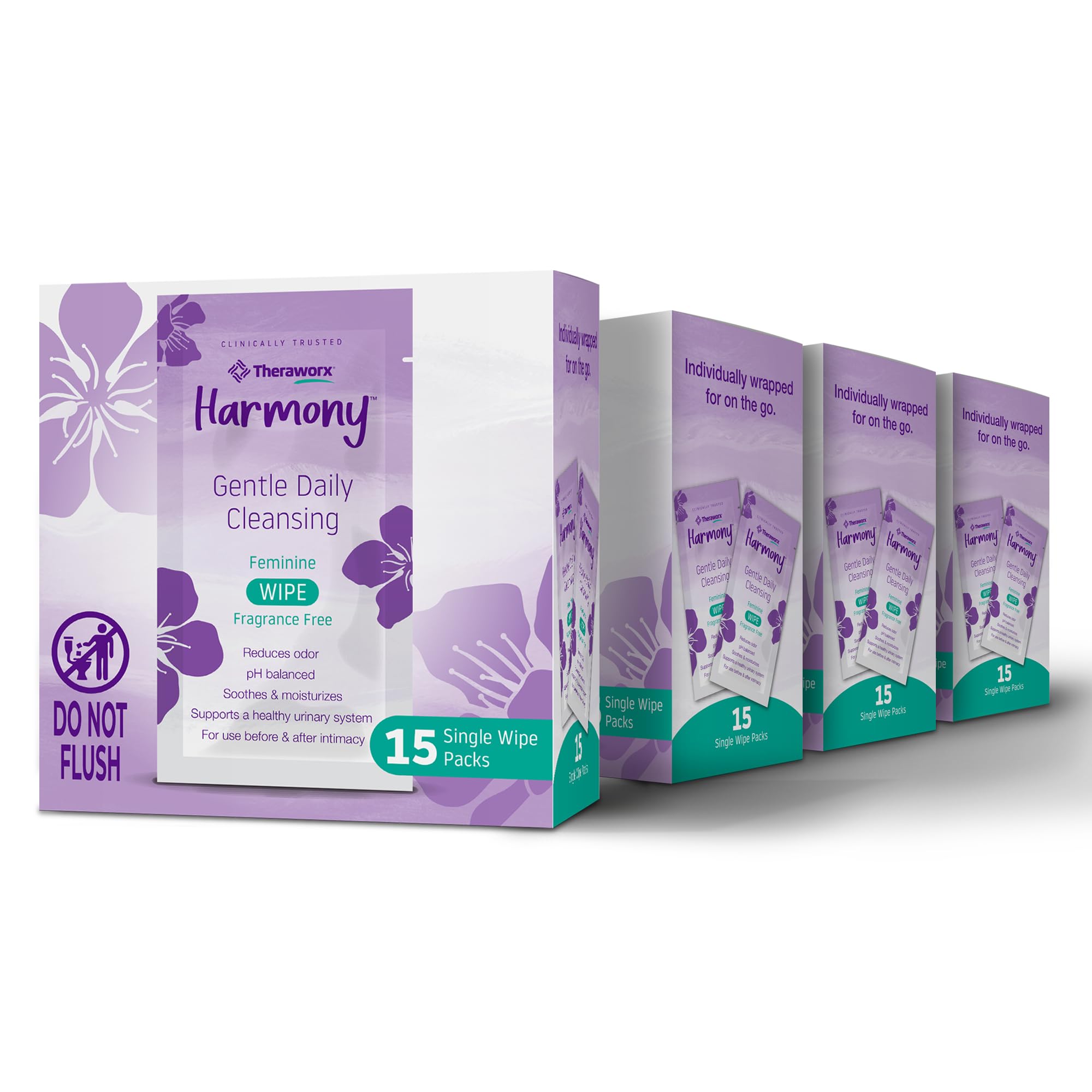 Theraworx Harmony wipes boxed front for daily freshness and convenience.
