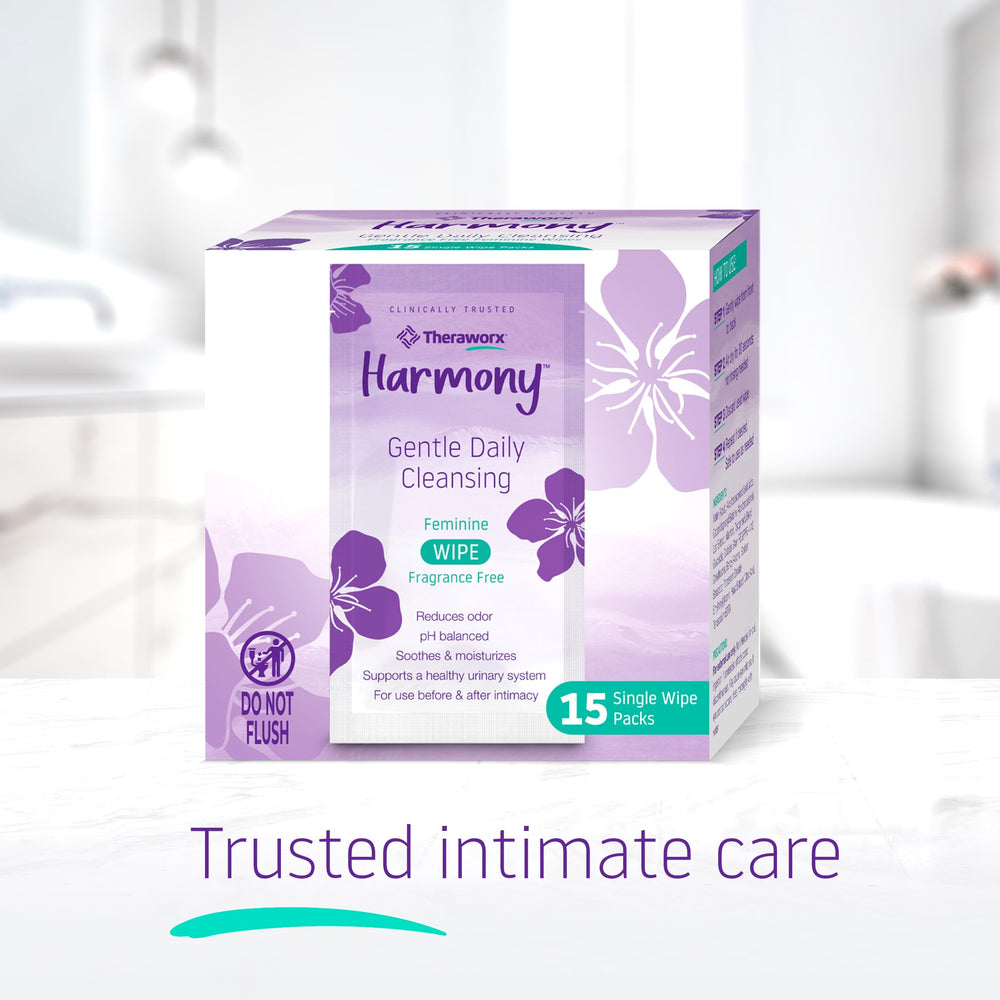 Theraworx Harmony label shows pH-balanced formula for sensitive skin.