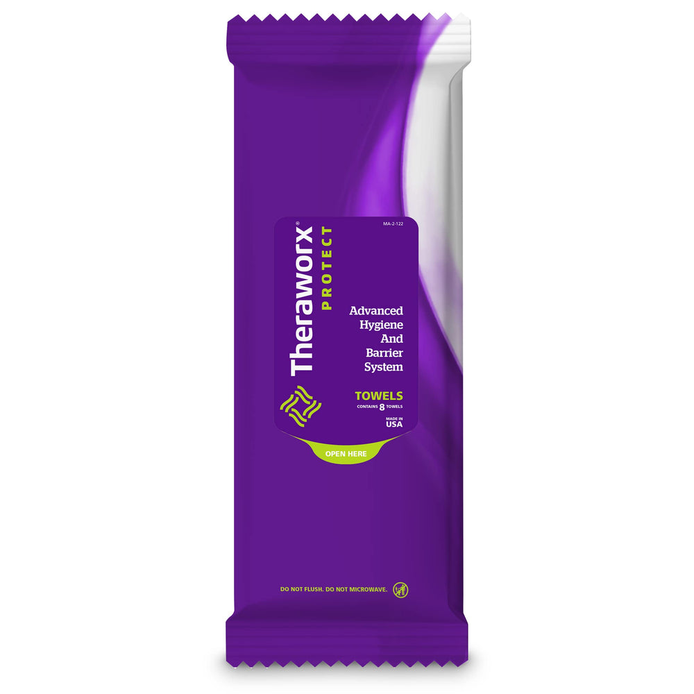 Theraworx Protect Advanced Hygiene Towels Pack provides convenient on-the-go cleansing.