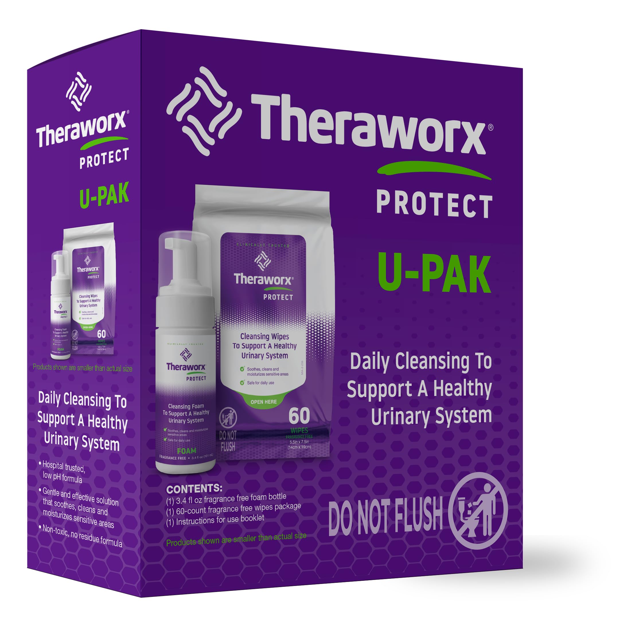 Theraworx Protect UPAK wipes bottle, refreshing cleansing for daily intimate hygiene.