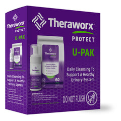 Theraworx Protect UPAK wipes bottle, refreshing cleansing for daily intimate hygiene.