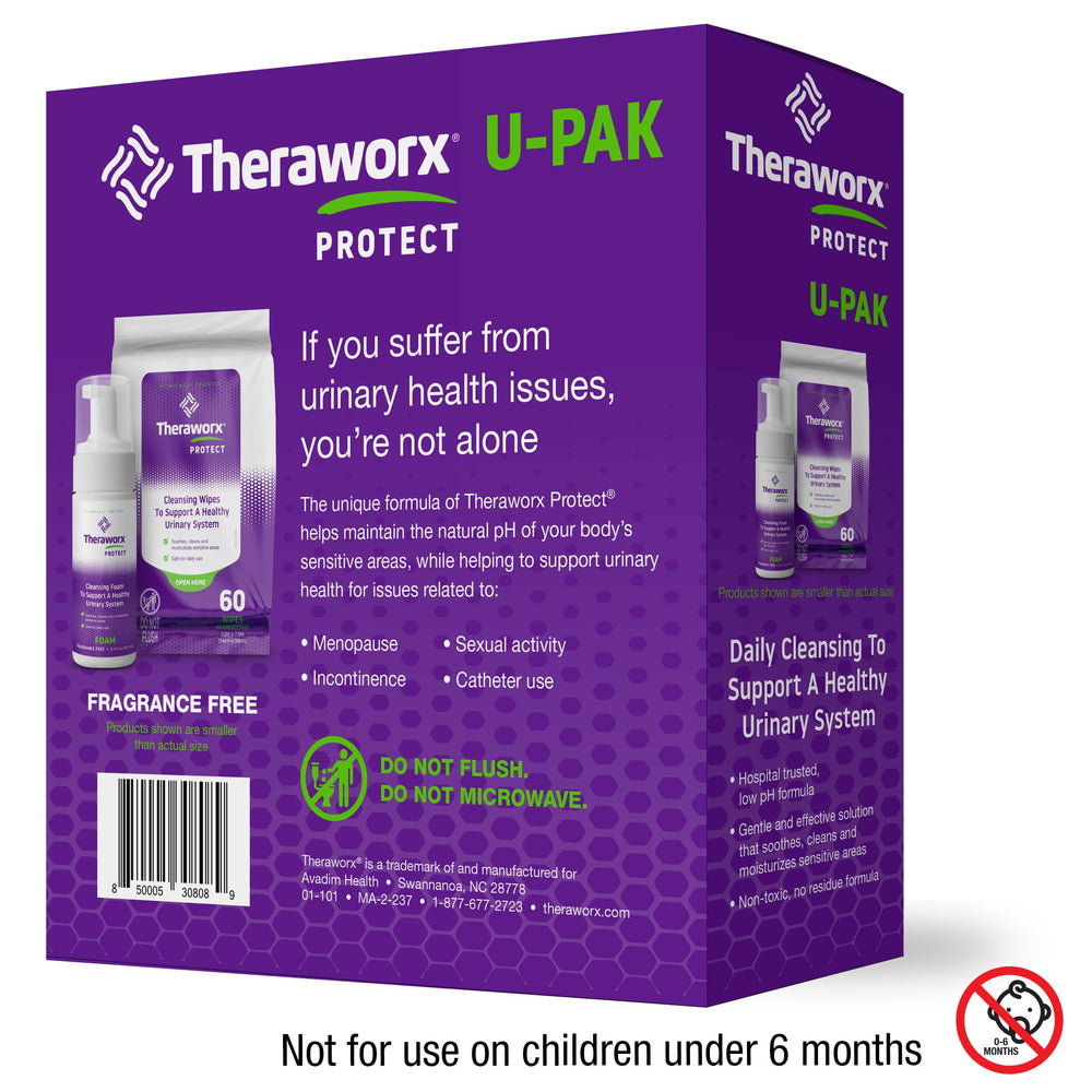 Close-up of Theraworx Protect UPAK wipes texture showing gentle cleansing action.