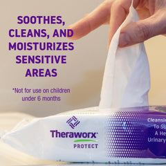 Theraworx Protect wipes label indicates pH-balanced, fragrance-free care.