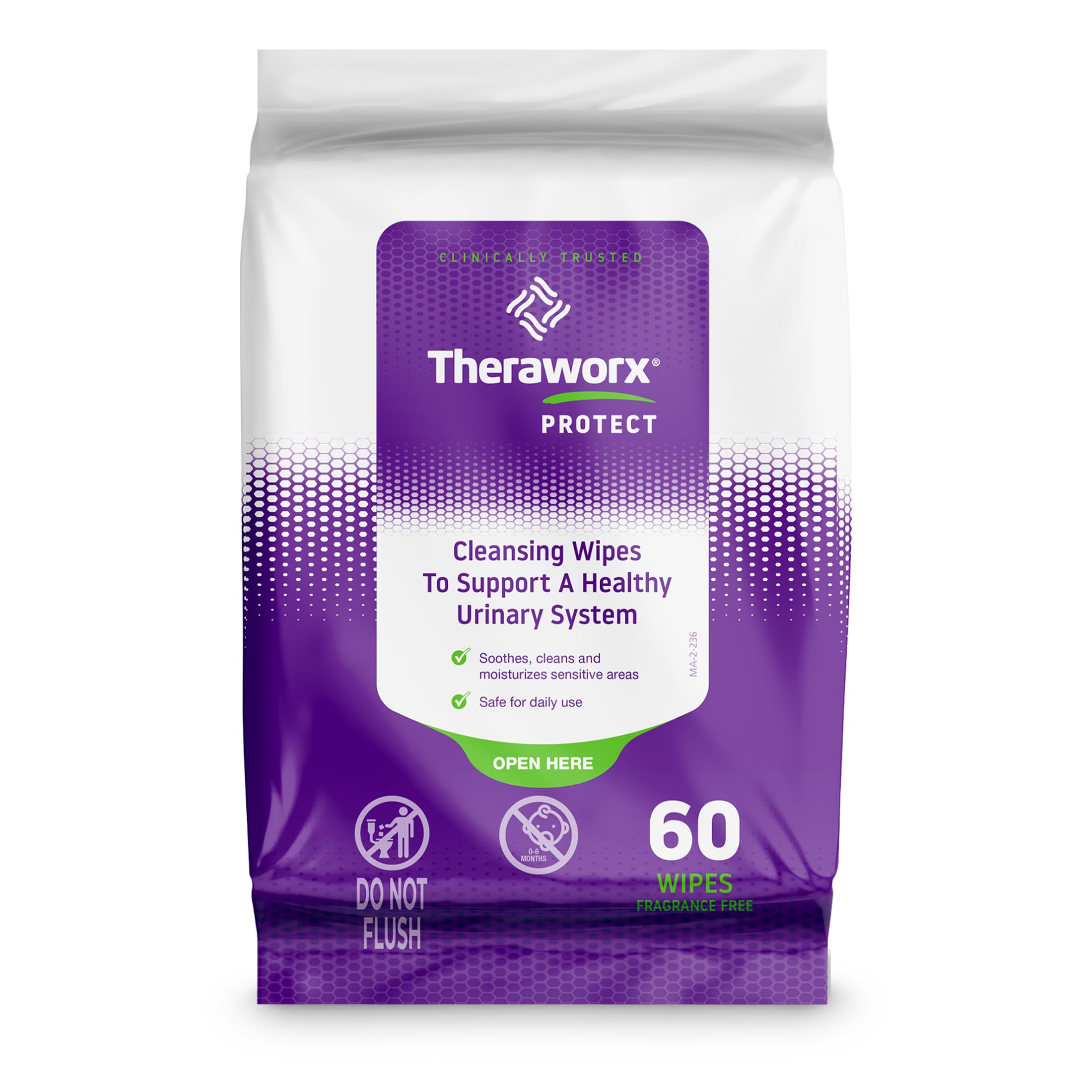 Theraworx Protect wipes pack close-up for daily urinary hygiene and pH-balanced care.