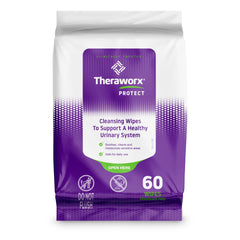 Theraworx Protect wipes pack close-up for daily urinary hygiene and pH-balanced care.