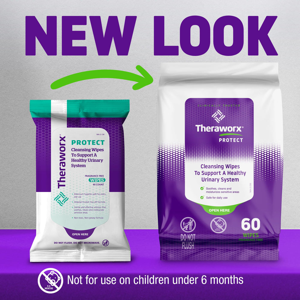 Theraworx Protect wipes texture close-up shows gentle, fragrance-free formula.